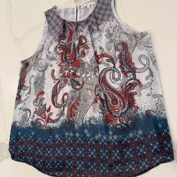 Daniel Rainn Paisley Layered Pleated Sleeveless Blouse Womens Large BlueRed Boho - Picture 2 of 7